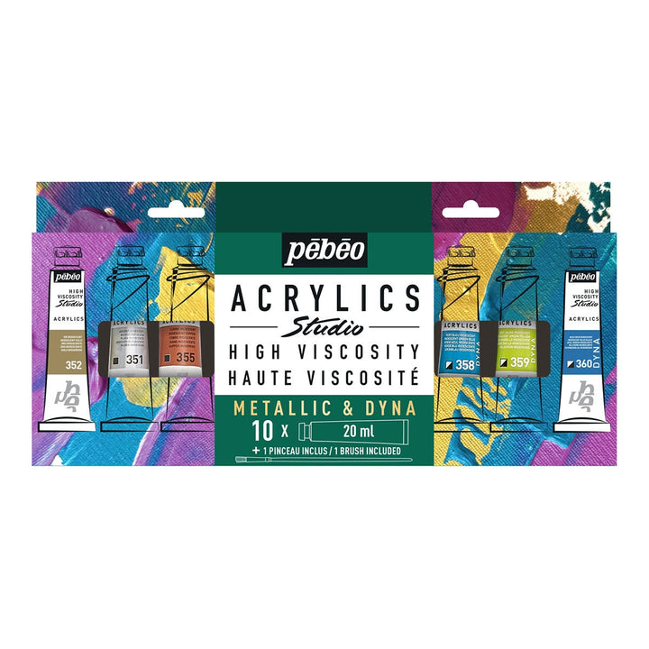 Pebeo Studio Acrylic Dyna/Metallic 10 x 20ml Set With Bonus Brush