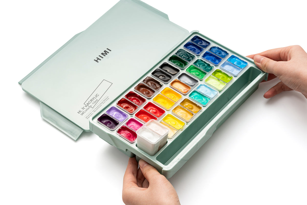 HIMI Twin Cup Jelly Acrylic Paint Set 36 Colours (Green Metallic Case)