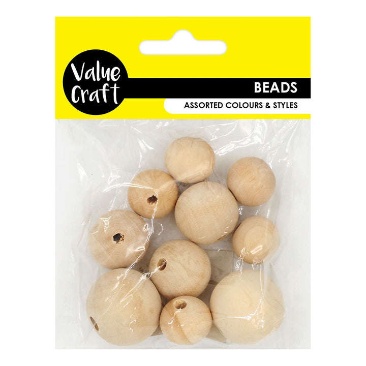 Value Craft Wooden Beads Round Natural Pack 10