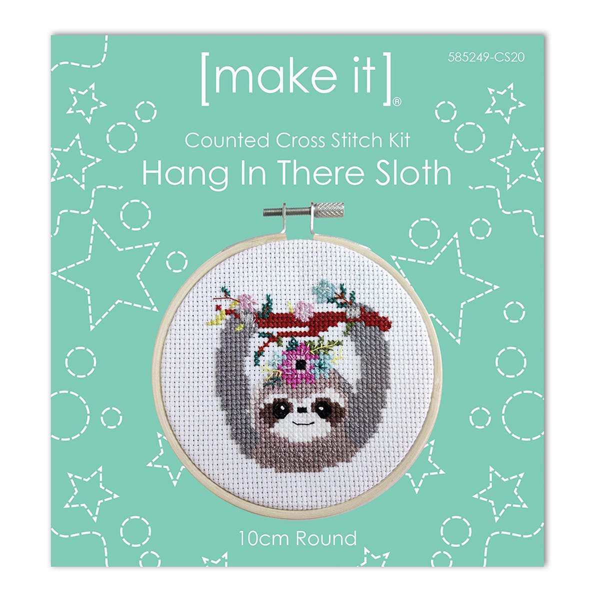 Make It Cross Stitch Kit Round With Hoop 4" Hang In There Sloth