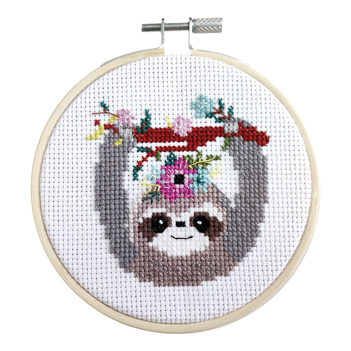 Make It Cross Stitch Kit Round With Hoop 4" Hang In There Sloth