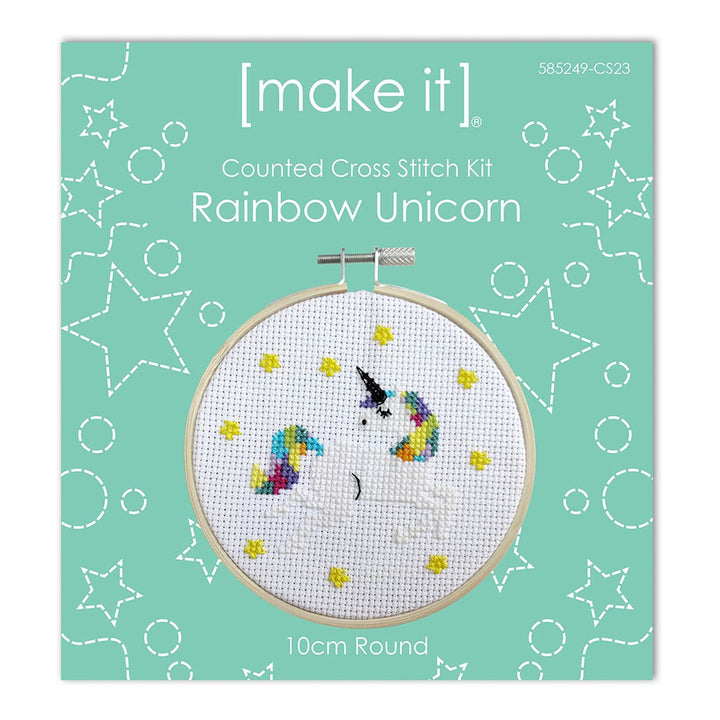 Make It Cross Stitch Kit Round With Hoop 4" Rainbow Unicorn
