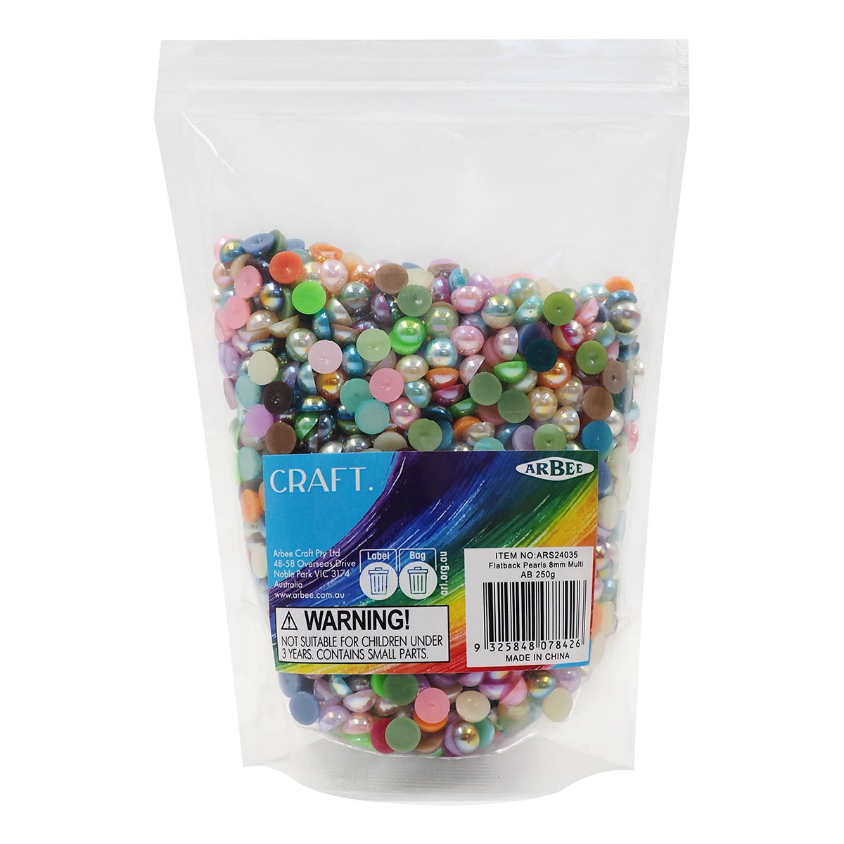 Arbee Plastic Flatback Pearls Assorted Pack 250g