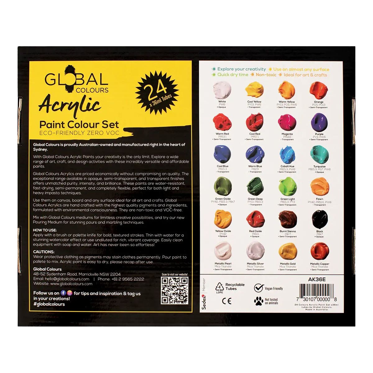 Global Colours Eco-Friendly Fine Art Acrylic Paint Set 24 x 36ml
