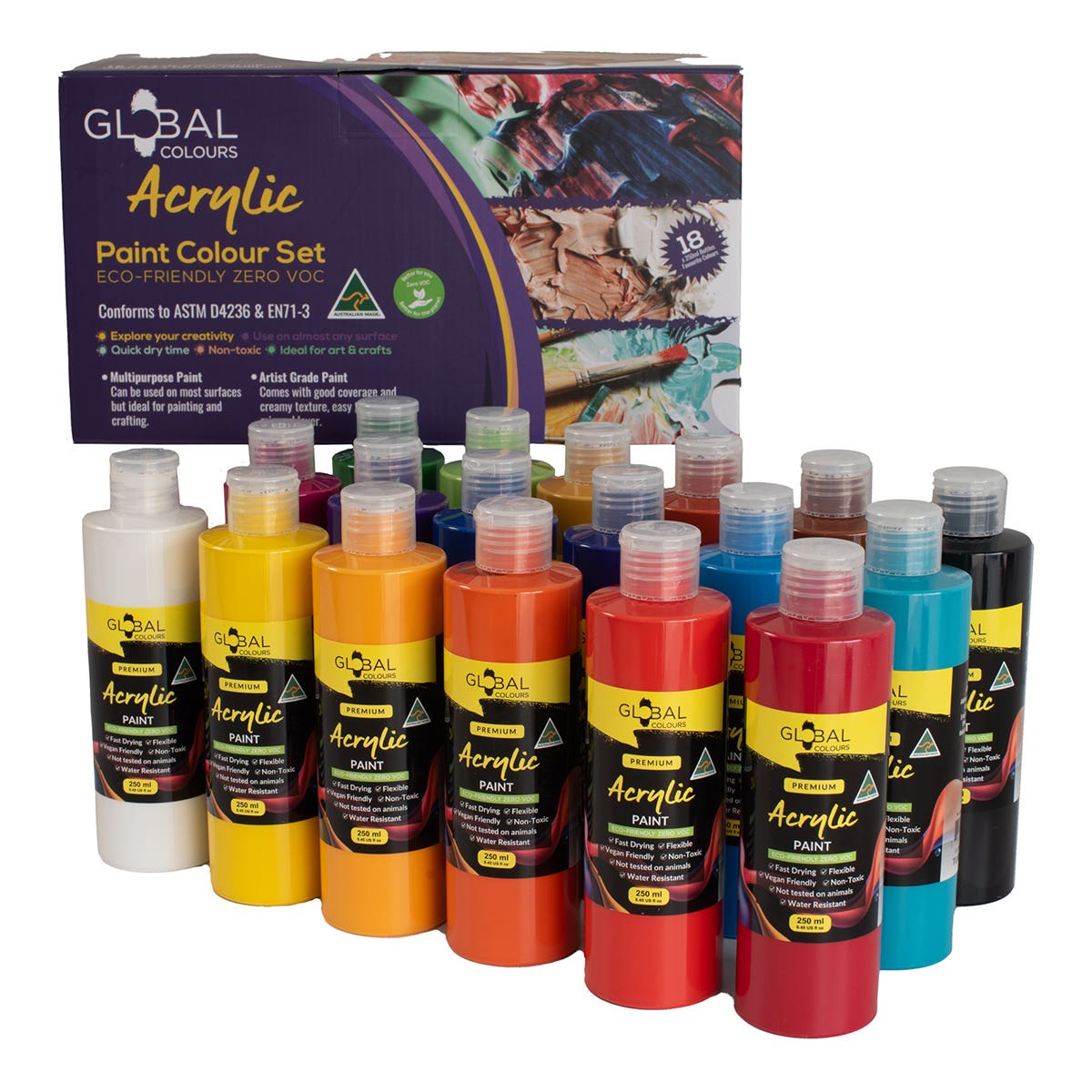 Global Colours Eco-Friendly Fine Art Acrylic Paint Set 18 x 250ml