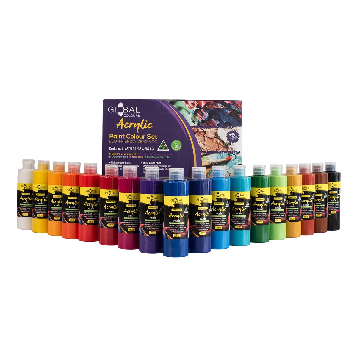 Global Colours Eco-Friendly Fine Art Acrylic Paint Set 18 x 250ml