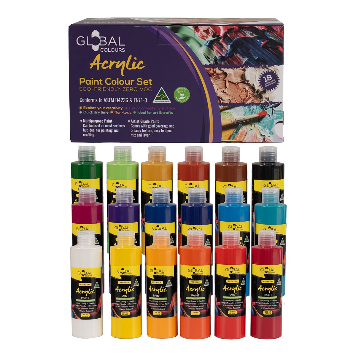 Global Colours Eco-Friendly Fine Art Acrylic Paint Set 18 x 250ml
