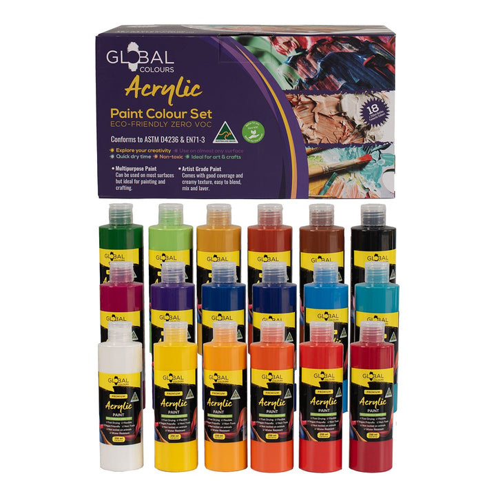 Global Colours Eco-Friendly Fine Art Acrylic Paint Set 18 x 250ml