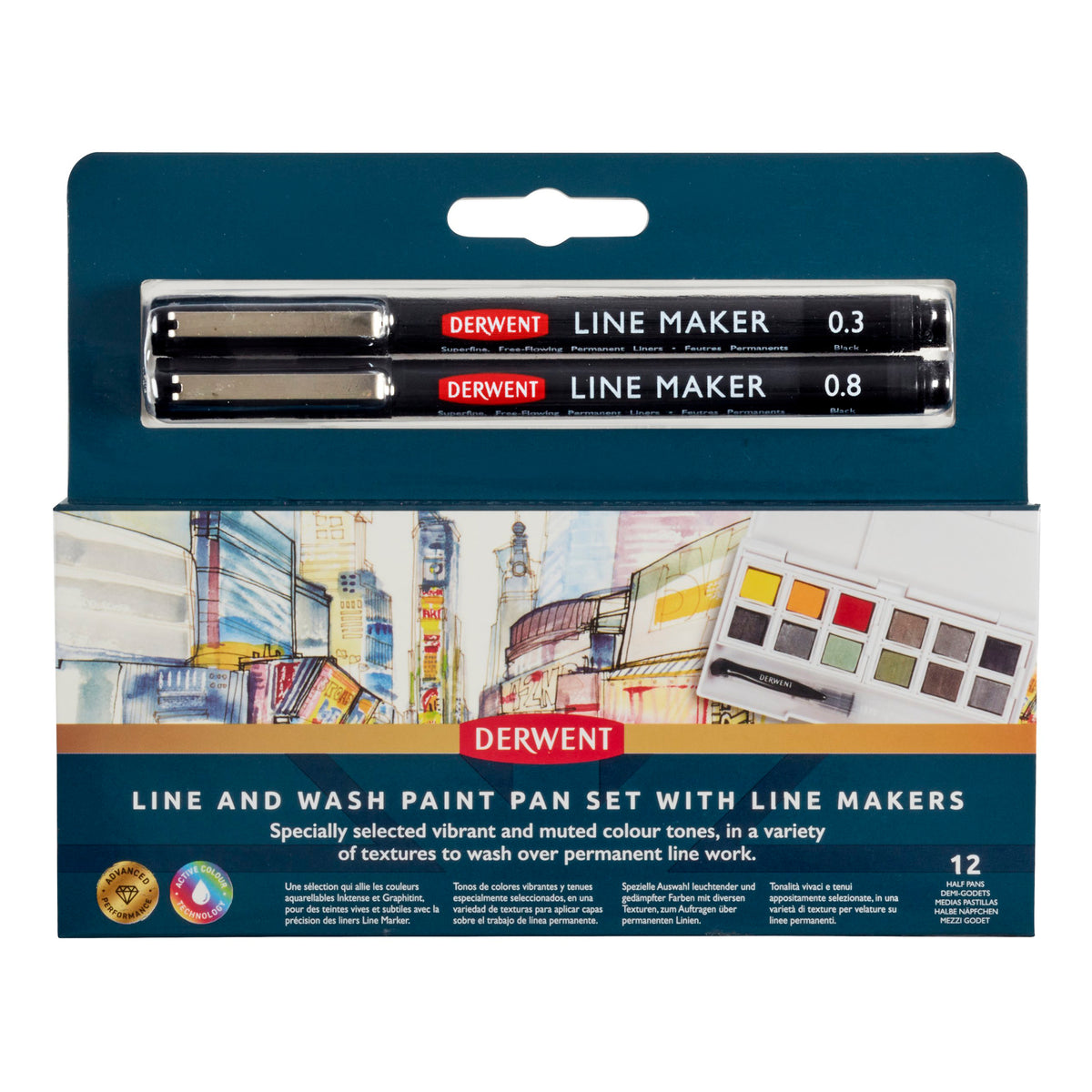 Derwent Line and Wash Paint Pan Set with Line Makers
